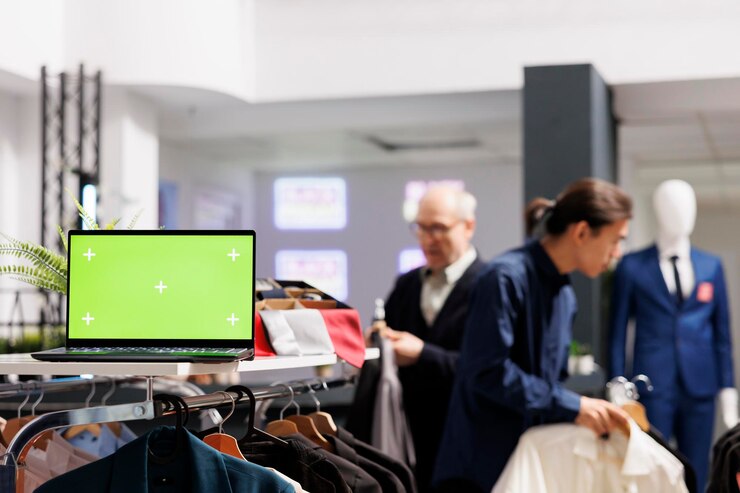 open-laptop-computer-with-chroma-key-green-screen-standing-cloth-rack-clothing-shop-people-shopping-background-small-retail-business-inventory-management-software